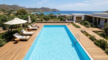 Fototapeta premium Modern wooden deck pool with sun loungers umbrella and sea view for resort banner or vacation background with coastal villa setting