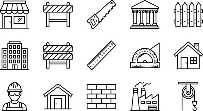 Construction and Architecture Line Icon Set with Store, Temple, House, Factory, Worker, Saw, Ruler, Brick Wall, and Barrier Symbols for Building Designs