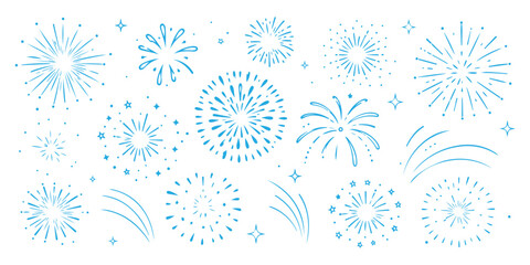 Obraz premium Hand drawn fireworks and sparklers doodle set illustration. Hand drawn doodle fireworks pattern for celebration background.. fireworks and stars a celebratory and whimsical design