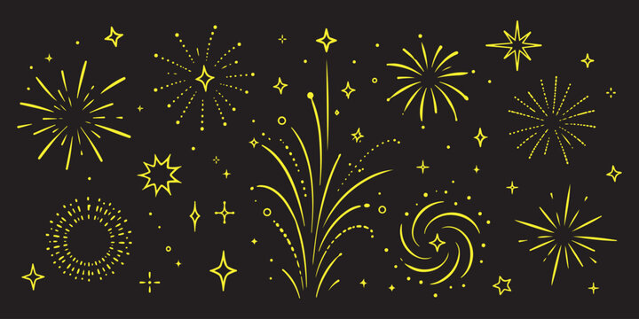 Whimsical sketch of fireworks and stars a festive black and white illustration. A collection of hand drawn fireworks illustrations in black and white. Celebration Fireworks Icon Set - Outline