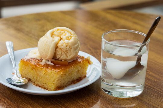 syrup-soaked orange cake with mastic ice and sweet with mastisha a pine-like aroma from the resin..
