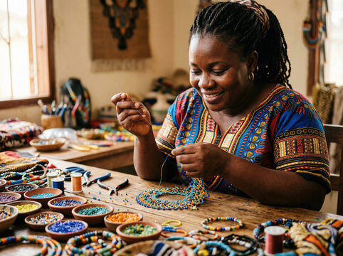 smiling black female artisan with braided hair making a colorful bead necklace at a wooden workbench, wearing a traditional patterned dashiki dress in a bright craft workshop studio