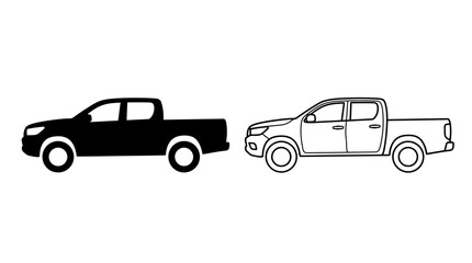 Fototapeta premium Pickup Truck Silhouette And Outline Black And White Vector Graphic