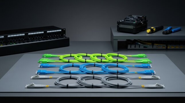 Rows of organized network patch cables in blue green and gray for structured cabling and it infrastructure setup background and equipment layout