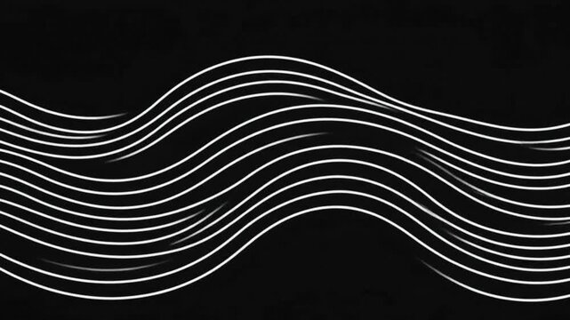 Abstract waves, white continuous curved lines forming calm water waves on black background