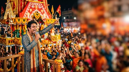 Fototapeta premium Night festival procession with decorated chariot and a performer speaking to a large crowd for celebration poster and cultural event background