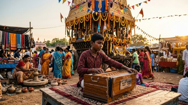 Young harmonium player seated by decorated chariot at outdoor market fair for festival poster and cultural celebration background