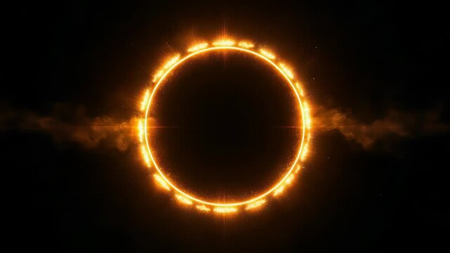 Bright circular ring of orange flames glowing against a black background with smoke spreading sideways