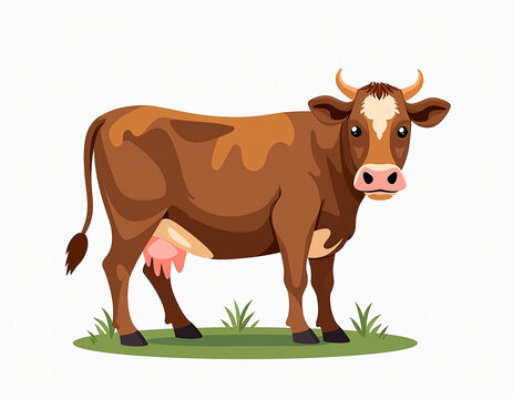 Nurturing Brown Cow Contentedly Chewing Cud on Lush Green Pasture Under Warm Afternoon Sunlight, Evoking Farmhouse Serenity and Gentle Simplicity