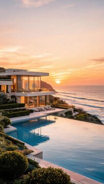 Modern coastal villa with large glass windows overlooking ocean waves at sunset, infinity pool reflecting warm colors of the sky and surrounding greenery