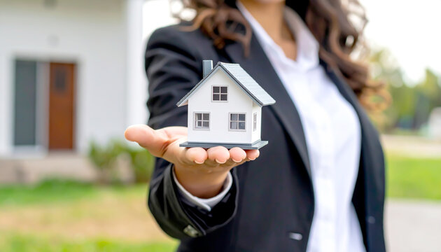 Immobilienmaklerin pr&auml;sentiert Hausmodell im Sonnenlicht