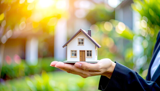 Immobilienmaklerin pr&auml;sentiert Hausmodell im Sonnenlicht