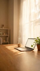 Fototapeta premium Cozy home office workspace featuring a laptop, steaming coffee cup, and potted plant on a wooden desk with sunlight streaming through sheer curtains