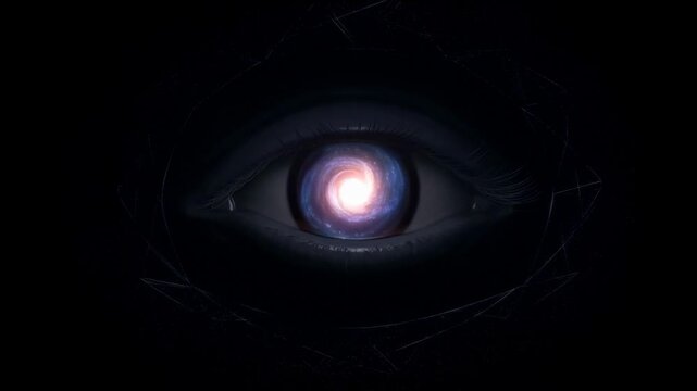 Slow zoom revealing human eye with swirling galaxy in pupil against dark void, close up of cosmic iris and subtle eyelid movement for surreal intimate visual