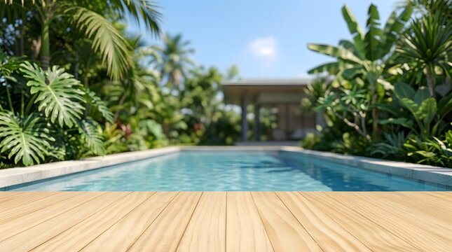 Product Mockup Wooden Table with Tropical Swimming Pool Background