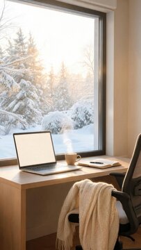 Cozy home office workspace with a laptop, steaming coffee cup, and notepad beside a large window showcasing a snowy winter landscape outside
