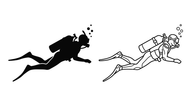 Scuba Diver Silhouette And Line Art On White Background