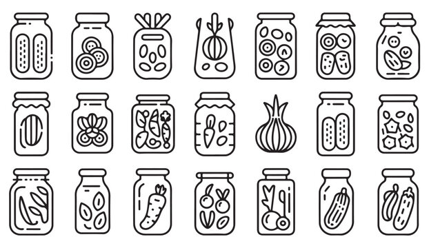 Glass Storage Jar Collection with Fermented Food and Pickled Produce Icons