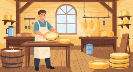 Fototapeta premium Cheese Maker Crafting Artisanal Cheese in Rustic Dairy Workshop