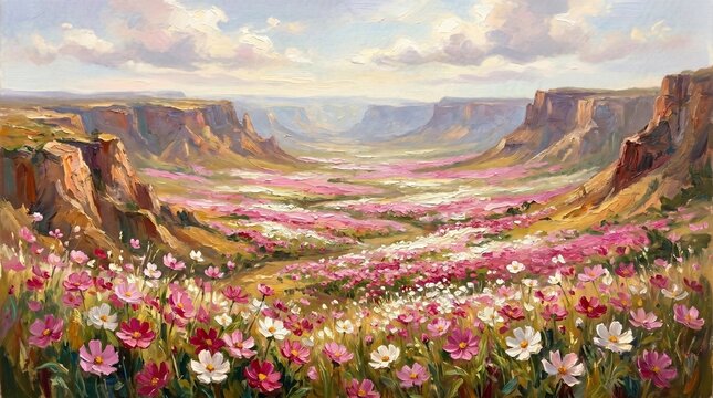 Impressionist Oil Painting of Lavender Field Pathway and Misty Countryside Hills
