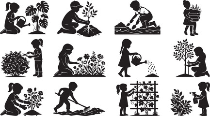 Obraz premium Children gardening planting watering and caring for plants and trees silhouettes isolated on white background, Vector