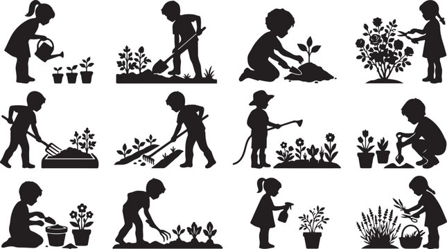 Children silhouettes gardening activities, planting, watering, weeding, and pruning flowers and plants isolated on white background, Vector