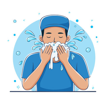 Cartoon Man Washing Face with Water
