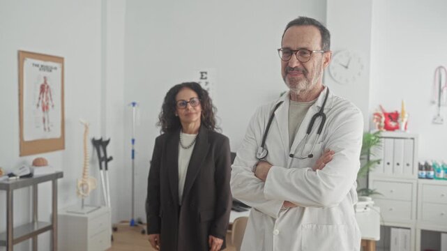 Man with stethoscope smiling, arms crossed in clinic consultation room while woman stands behind; reassurance trust care.