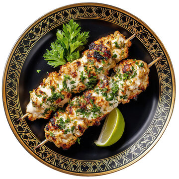 Chicken malai boti with lemon and chili, isolated on white background.