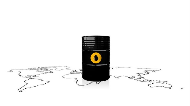 Crude oil prices go up. Crude oil barrels on a world map with soft reflection. Strait of Hormuz blockade. Iran war with Israel and US
