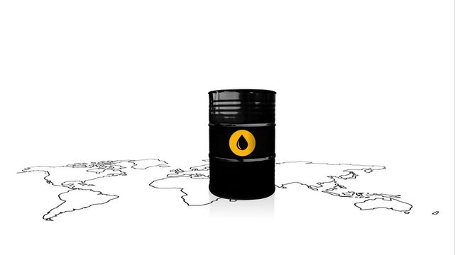 Crude oil prices go down. Crude oil barrels on a world map with soft reflection. Strait of Hormuz blockade. Iran war with Israel and US