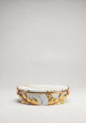 Fototapeta premium Marble podium displays a luxurious circular surface decorated with golden leaves for product presentation.