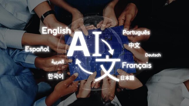 A vibrant display of hands from diverse backgrounds uniting around a globe, symbolizing AI role in fostering multilingual communication and global collaboration. Raster