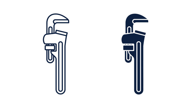 Industrial pipe wrench vector icons, plumbing tool line art and solid silhouette, professional hardware equipment for maintenance and repair