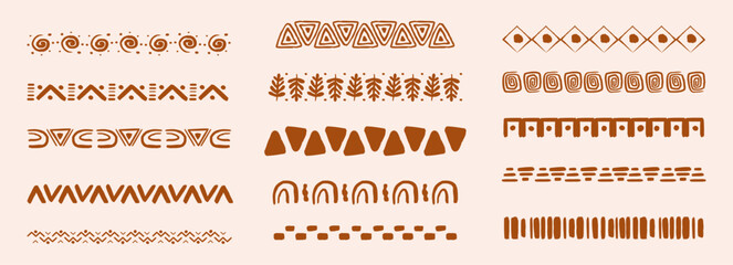 Obraz premium Tribal African folk border, decorative ethnic motif hand drawn doodle set. Tribal geometric design. Aztec art dividers, trendy boho separators.