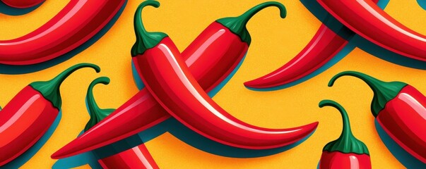 Red chili pepper pattern with spicy hot peppers on a bold yellow background © Art_You