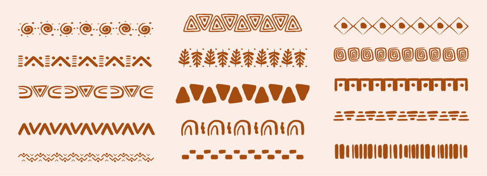 Tribal African folk border, decorative ethnic motif hand drawn doodle set. Tribal geometric design. Aztec art dividers, trendy boho separators.