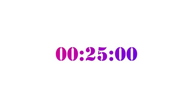 30 second digital countdown timer animation - abstract flat bold stencil numbers clock and violet pink electronic stopwatch loop on white background.