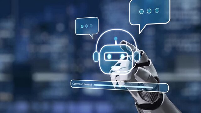 A robotic hand engages with digital chat bubbles, representing the interaction between artificial intelligence and humans in a futuristic urban environment. Synapse
