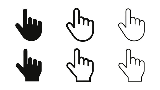 Hand cursor icons, Pointer clicking silhouette vector, bold outline and line art design