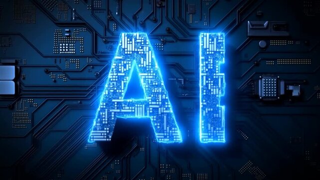 Glowing ai letters on circuit board illustrating technology evolution and digital progress
