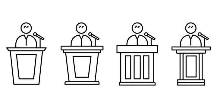Speaker Podium Outline Icons Featuring Presenters Standing Behind Different Lecterns and Rostrums Vector Illustration for Public Speaking Conference and Debate Design