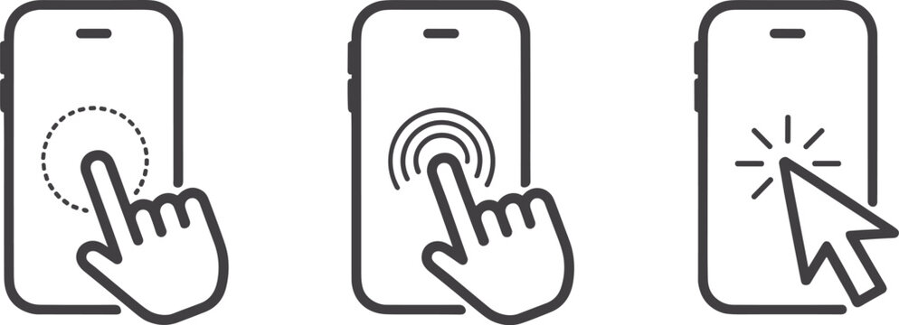Mobile interaction icons finger tap touch glow and mouse click on smartphone screens