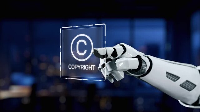 A futuristic robot arm points to digital copyright symbols in a modern office space, representing the intersection of technology and intellectual property rights. Synapse