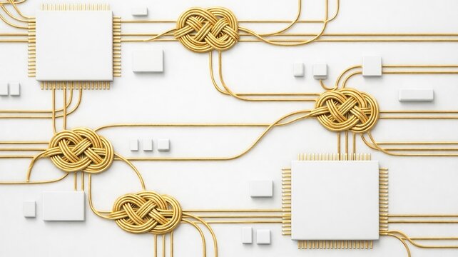 Japanese mizuhiki gold cord knots forming circuit board network connection technology concept