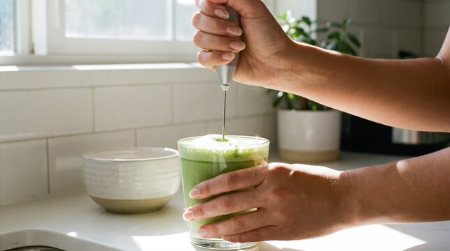 Hands frothing matcha latte with electric whisk in kitchen