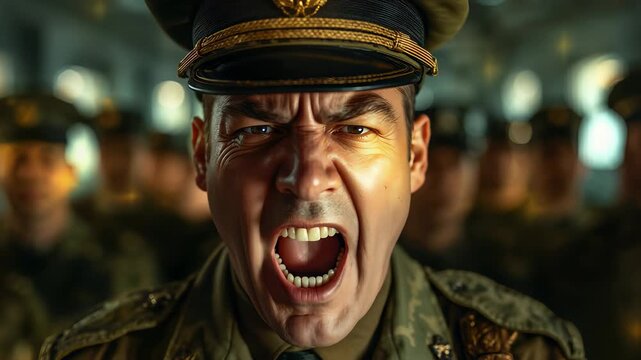 Uniformed man wearing a peaked cap shouting with his mouth open in a dim interior with blurred lights