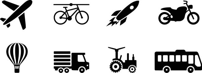 Transportation icons set airplane bicycle rocket motorcycle balloon truck tractor and bus © Dhriti Roy