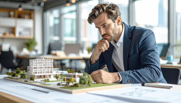 Architekt arbeitet konzentriert an Baupl&auml;nen und modernem Architekturmodell im B&uuml;ro