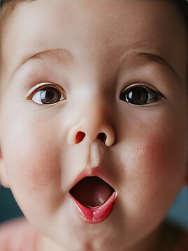 Close up of young child's face expressing surprise and curiosity during first taste experience, with detailed features and bright eyes visible